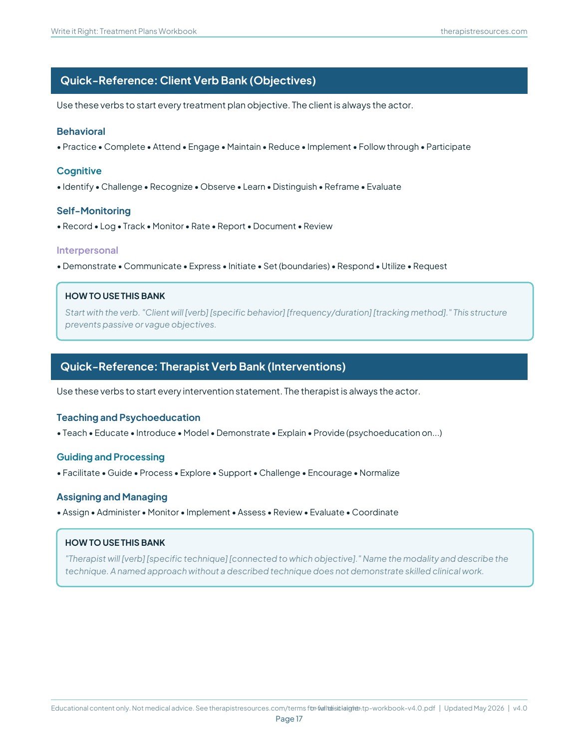 Client and therapist verb banks from the Treatment Plans Workbook