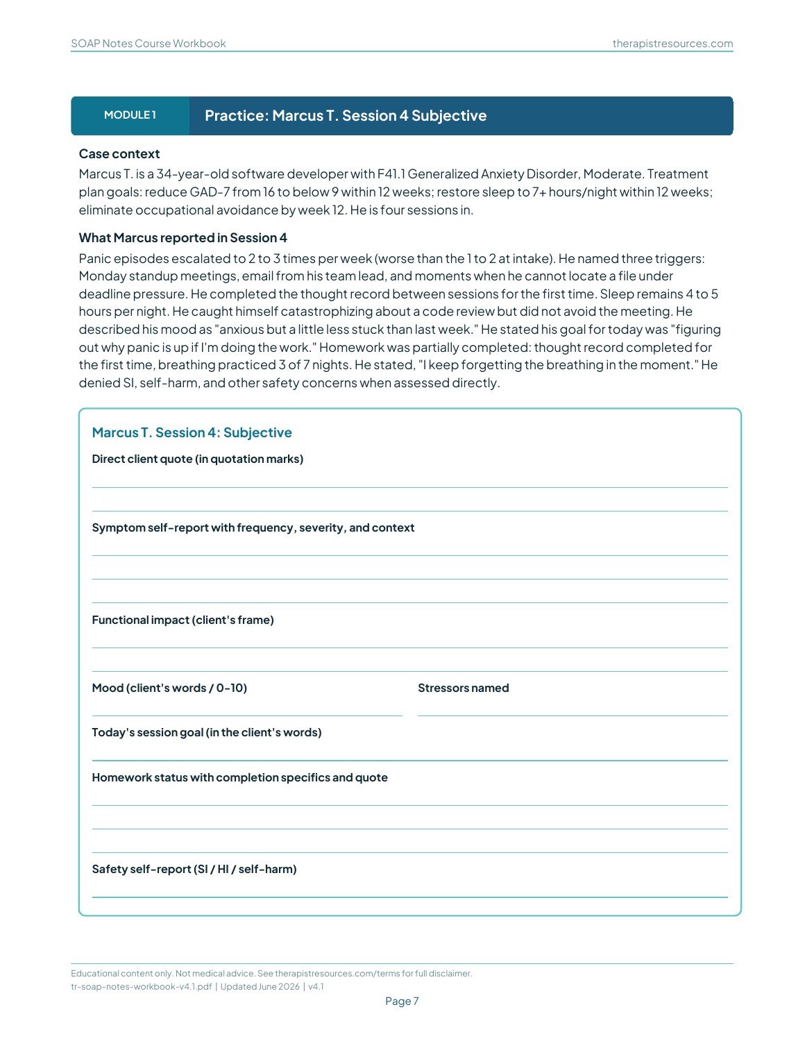 SOAP workbook practice page with a fictional case and writing prompts