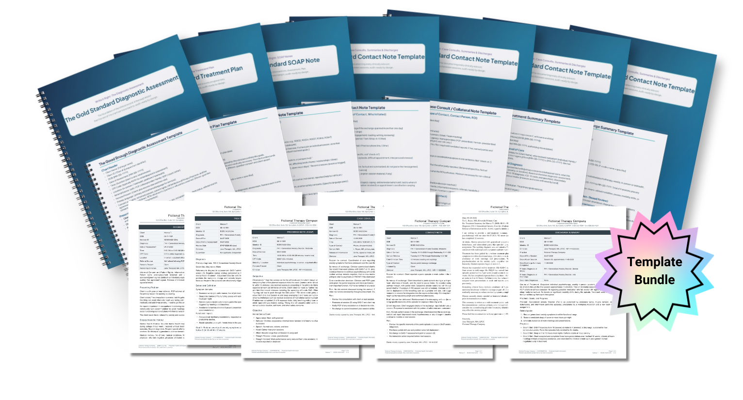Template bundle showing seven template covers and completed clinical documentation examples.